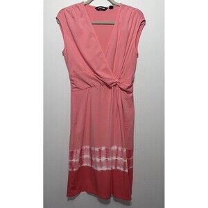 Lands End Faux Wrap Dress Womens M (10- 12) Coral Tie Dye Sleeveless Knee Length